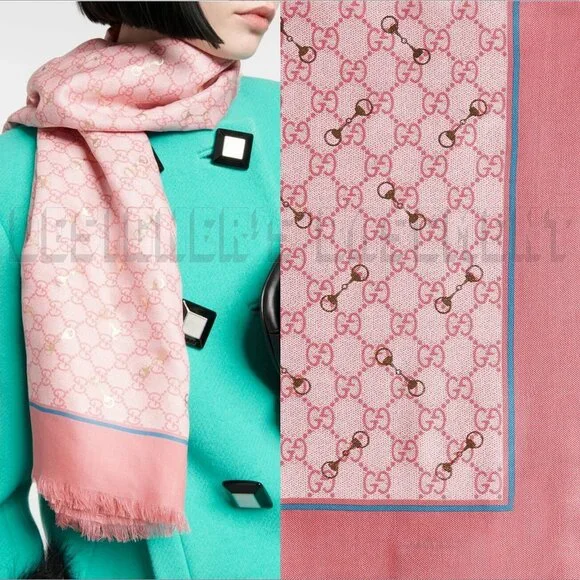 GUCCI pink GG with gold Horsebits print giant 53"-square modal/silk scarf NWT🎁 - Picture 1 of 10